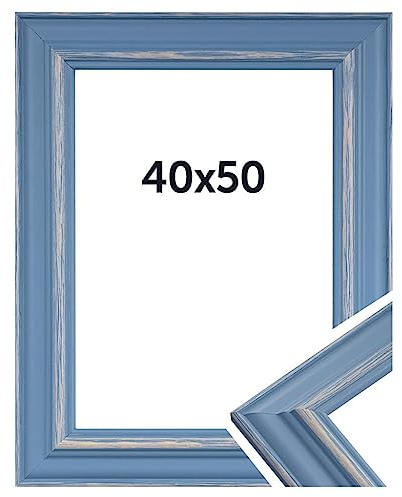 DÖRR Bilderrahmen Boho - Massiv Holz - Kunstglas - Shabby Chic - Vintage Style - Made In Italy 40x50 Hellblau