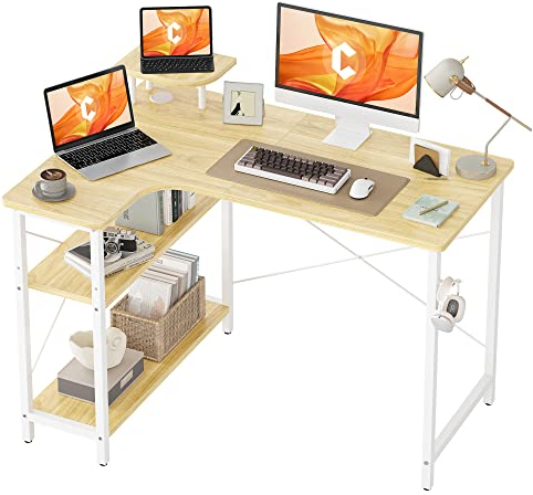 CubiCubi Computertisch mit Ablagefächern, Schreibtisch Kleiner L-förmiger Eckschreibtisch mit Regalen (Naturfarbe Links, 110 X 78 cm)
