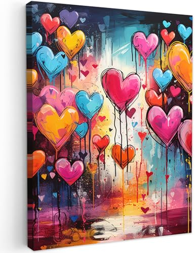 MuchoWow© Leinwände 50x70 cm Wall Decoration Bilder Schlafzimmer Deko Pictures Canvas Painting Wanddekoration Wohnzimmer Banksy - Street Pop Art - Herzen - Farben - Kunst - Liebe