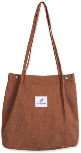 Bikasun Cord Umhängetasche Damen, Groß Schultertasche Cord Tasche Lässige Tote Bag Handtasche, Strandtasche Shopper Einkaufstasche, Stofftasche für Alltag, Büro, Schulausflug, Braun