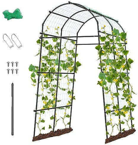 TANGZON 230cm Garden Arch Trellis, Metal Plants Flowers Vegetables Vines Support Tunnel Trellis with Trellis Netting & Drilling Rod, Outdoor Cucumber Trellis for Raised Bed, 181 x 110-160 x 230cm