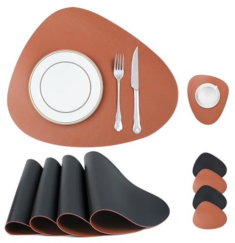 fanquare Set de 4 Sets de Table Et sous-Verres en Cuir PU, Rond, Imperméable, Antidérapant Et Résistant À La Chaleur, pour La Maison, La Fête Et La Table À Manger Brun Gris