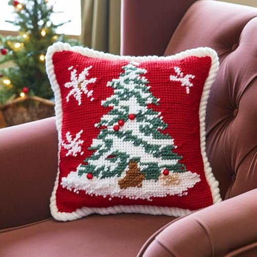 Shiny Christmas Tree Latch Hook Kits Pillow DIY Rug Crochet Hook Cushion Making Color Pattern Printed Canvas Pillowcase Rug Crochet Kits Christmas Decor Adorment 43x43cm43x43cm(r53)