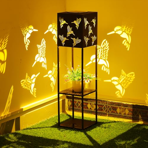 Solarlaterne für Außen, GCMacau Solar Laterne Große Kolibri LED Gartenlampen Metall Solarbetrieben Gartenleuchten Wasserdicht mit 2-stöckiger Blumenständer für Außen Terrasse, Hof, Weg, Dekoration