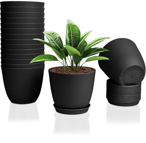 FORAGIFT Lot de 16 pots de fleurs en plastique robustes et élégants avec trous de drainage et plateau pour plantes d'intérieur Noir 15 cm