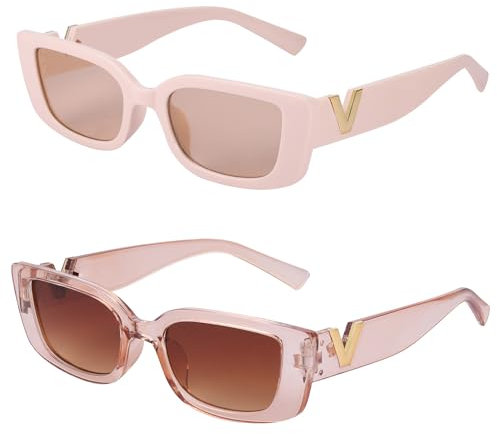 Fentar 2 Paia di Occhiali da Sole da Donna, Occhiali Vintage con Protezione UV400, Occhiali da Sole Rettangolari con Tempio Raffinato,Occhiali da Sole Quadrati Moda Rosa & Marrone Trasparente