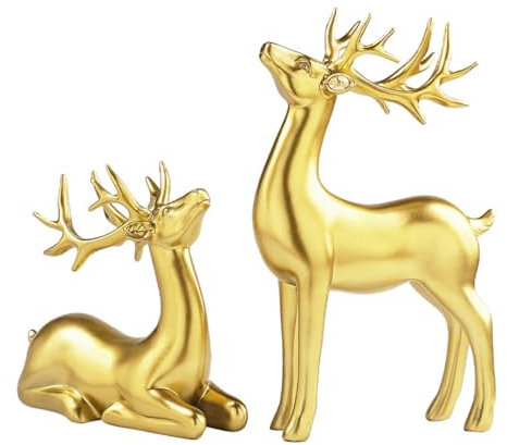 NUZAMAS 2 Stück goldene Rentier-Ornamente, goldene Elch-Statuen, Harz-Hirsch-Miniatur-Figur, Wohnzimmer-Dekoration, Weihnachts-Hirsch-Dekorationen für die Heimdekoration im Innenbereich