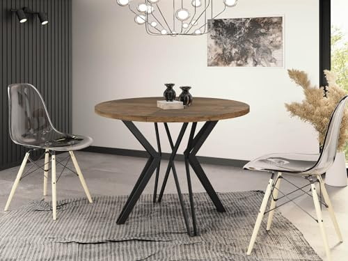WFL GROUP Runder Tisch für das Esszimmer - 100 oder 120 cm Durchmesser - Ausziehbarer Tisch mit pulverbeschichteten schwarzen Metallbeinen - Industriestil - 100 cm (Lefkas Eiche, 120 cm)