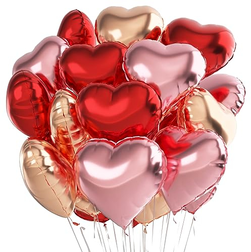 Herz Folienballon 24 Stück,Herzballons Hochzeit Rot Rosa Roségold,Herz Helium Luftballons,Herzluftballons für Party,Geburtstag,Valentinstag, Hochzeit, Verlobung,Muttertag(Rot Rosa Roségold)