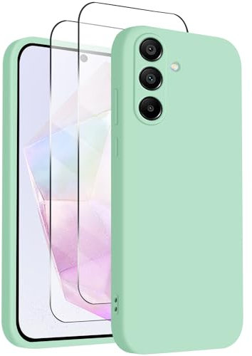 ISOI - Cover per Samsung Galaxy A35 5G, Custodia Morbida in Silicone Liquido, 2 Pack Pellicola Protettiva Vetro Temperato, Protezione Completa Antiurto Ultra Sottile per il Corpo - Menta Verde
