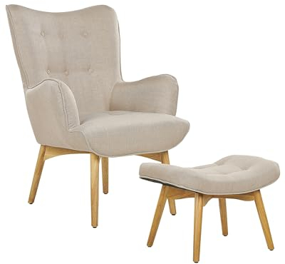 Beliani Ohrensessel gepolstert Stoff beige gesteppt mit Hocker Armlehnen Holzbeinen Retro Vejle