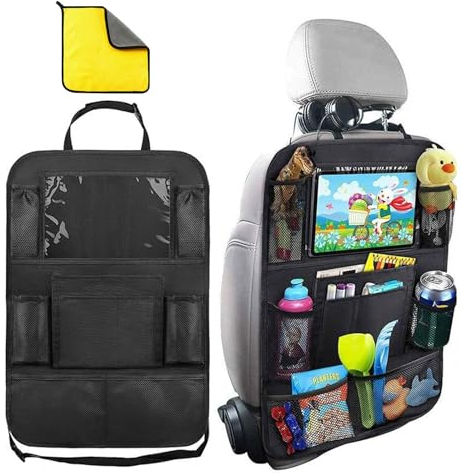WHENZOO Car Seat Organiser, Kids Back Seat Organiser, Car Seat Storage with Clear Touch Screen Tablet Holder 9 Pockets for bottles toys books Car Accessories for Toddlers, Black
