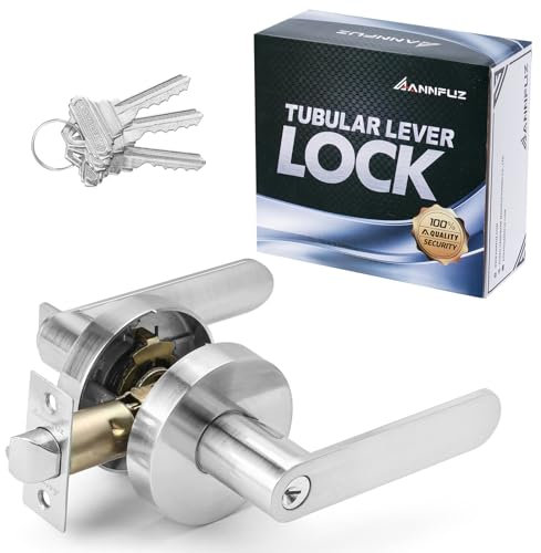 ANNFUZ Entry Door Handle Lock with Keys,Reversible Handle for Left & Right Opening, Entrance Keyed Heavy Duty Round Door Lever Lock for Exterior & Interior Front Door,Bedroom,Bathroom(Satin Chrome)