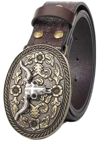 KorhLeoh Western Cowboy Leder Gürtel für Männer Frauen Blume Gravur geprägte Gürtel