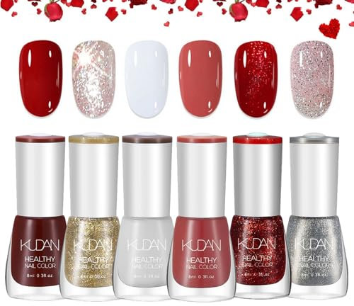 DMQ Nail Polish Set, 6Pcs Candy Cane Nail Varnish Set, Glitter Burgundy Red Sparkle Kit Snow White Silver Nail Gel, Quick Dry Non-Toxic Water Based - No Need UV Nail Paint for DIY Nail Art at Home