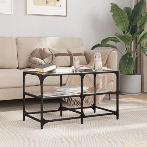 Baziroo Table basse avec plateau en verre - 78,5 x 40 x 45 cm - Pour salon, téléphone, café, chambre - Console - Table d'appoint - Matériaux du bois et acier et verre noir