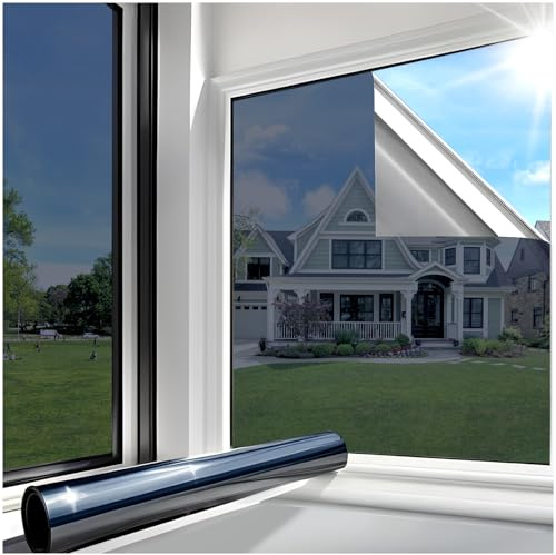 Lifetree Fensterfolie Spiegelfolie Wärmereflektion Selbstklebend Sonnenschutzfolie Wärmegrad Innen&Auße Kontrolle Fensteraufkleber Privatsphäre Anti-UV Fenstertönung Glatt 44.5x1000cm Schwarzes-Silber