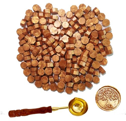 BJOYEE 200 Stück Siegelwachs Edles Gold, Siegelwachs Perlen mit 1 Schmelzlöffel, achteckiges Wachssiegel-Set für Stempel, für Einladungen/Umschläge/Karten/Weinpakete/Geschenkverpackungen