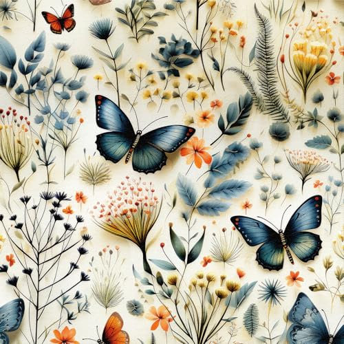 Papier Peint Adhesif Mural Fleuri Beige,44 x 600cm Papier Peint Floral Bleu Papier Peint Feuille Papier Peint Adhesif Papillon Papier Peint Botanique Papier Peint Adhesif pour Meuble Chambre,Salon