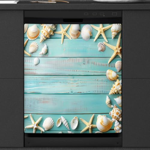Mexpekil Ocean Seashell Seestern Blaugrün Holz Geschirrspüler Magnet Abdeckung 58,4 x 66 cm Dekorative wasserdichte Spülmaschine Magnetische Abdeckung Aufkleber für Küchengeräte