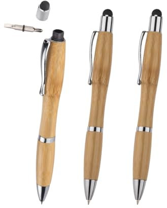 WPRO 3er Set Bambus-Touchpen-Kugelschreiber mit Schraubendreher Arno | Eingabe-Stift | Tablet & Smartphone | Touch-Screen | Stylus-Pen Spitze | Multitool 3in1 | Geschenk