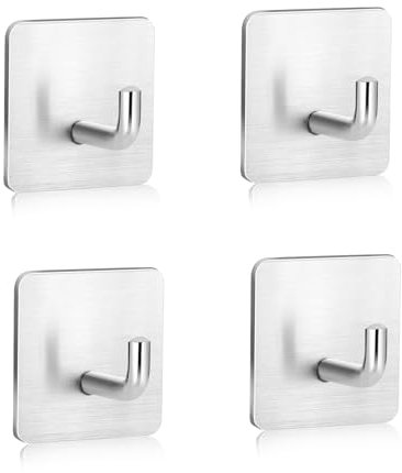 Hooks Stick On Wall Extra Strong 4-pack, Heavy Duty Door Hooks for Hanging Coat Towel Hats Keys in Bathroom Kitchen, Self Adhesive Stainless Steel Sticky Hook - Silver, No Nails & Strong Adhesive