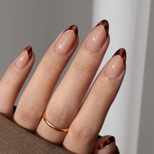 BTArtbox Press On Nails Short Almond - 32 Pcs French Tip False Nails, Reusable Stick On Nails with Nail Glue in 16 Sizes, Soft Gel Fake Nail Kit, Tortoise Shell