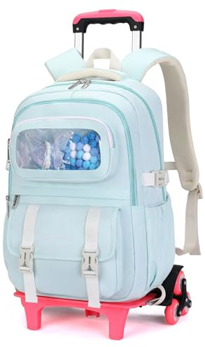 Amythe Schulranzen mit Rollen für Mädchen, Schultrolley Mädchen mit 6 Rädern, Leichter Schultasche für Grund- & Sekundarschüler, Abnehmbar Trolley Schulrucksack für Reise, Grün