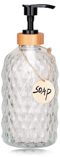 Onsogi Seifenspender aus Glas mit Bambus-Pumpe für Badezimmer, Küche, Handseife, Lotionglas, Flüssigkeitsspender, 473 ml, 1 Stück, transparent