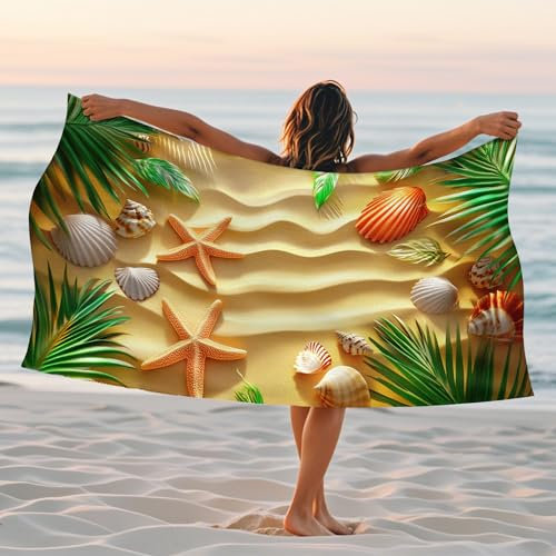 Tropical Paradise Mikrofaser-Strandtuch, extra groß, grüne Palmenblätter, Muschel-Design, schnell trocknend, saugfähig, sandfrei, leichte Stranddecke, Sommerurlaub, Camping, Pool, 178 x 89 cm