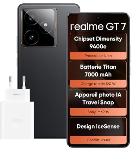 realme GT 7 Smartphone, 5G, Dual SIM, 12GB de RAM, 256GB de ROM, Pantalla AMOLED de 6,8, chipset Insignia Dimensity 9400e, batería Titan de 7000mAh, cámara de 50MP, IceSense Negro, Adaptador Incluido