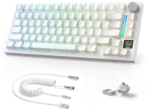 AJAZZ X ATTACKSHARK 75% X820Ultra Teclado mecánico inalámbrico&C01Ultra,2.4G/BT/USB-C,80 Teclas con Pantalla TFT a Color y Perilla CNC,RGB,Hot-swappable,4000mAh-Contornos Blancos(Interruptor Morado)