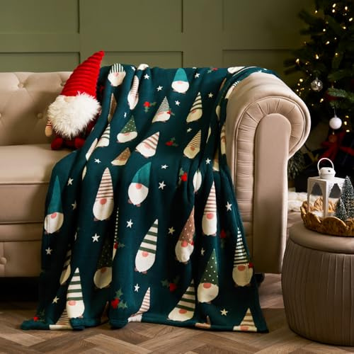 OHS Gonk Christmas Blanket Green Throws for Sofas Soft Warm Cosy Sherpa Reversible Fleece Blanket for Bed Settees Xmas Decorations Christmas Throw Fluffy Single Bed Throw, 125 x 150cm