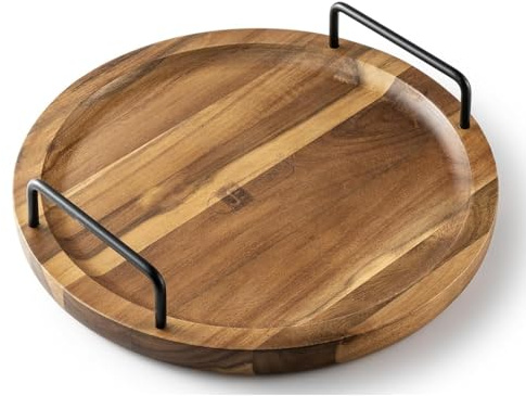 JF JAMES.F Holztablett Rund,Servierplatte Serviertablett mit Griff Holz Tablett Schlemmerplatte, Küchentablett Servierplatte Frühstückstablett für Buffets, Picknicks,Couchtisch, Küchen Deko Bett Käse