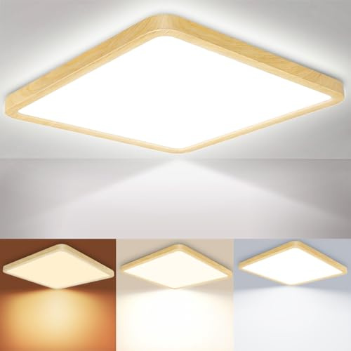 LED Deckenleuchte 24W 6000K/4000K/3000K, 3200LM IP54 Ultra Dünn Deckenlampe, Flach Quadrat Modern Badezimmer Lampe Küchenlampe für Flur Schlafzimmer Balkon Wohnzimmer Ø30CM, Holzmaserung 1Stücke