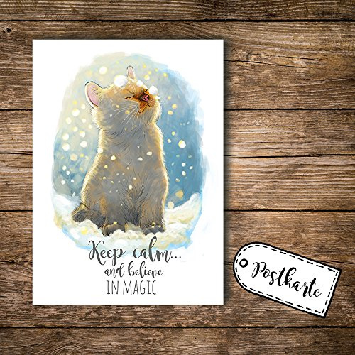 ilka parey wandtattoo-welt® A6 Postkarte Ansichtskarte Flyer Katze im Schnee mit Spruch keep calm and believe in magic pk098