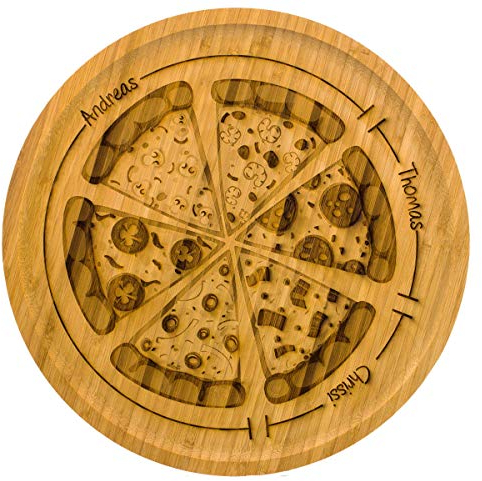 SNEG Pizzateller/Servierteller aus 32cm aus Holz (Bambus) mit lustiger, persönlicher Gravur und Pizza-Motiv