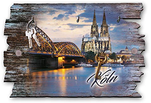 Kreative Feder Kölner Dom Köln Designer Schlüsselbrett, moderne Hakenleiste im Landhaus-Stil, Shabby-Chic aus Holz 30x20cm (Kölner Dom)
