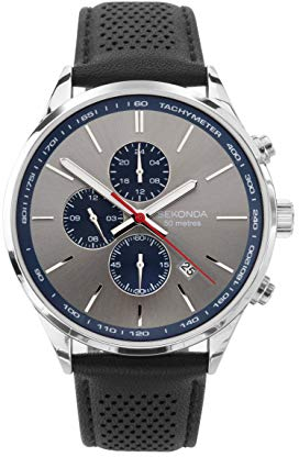 Sekonda Endurance Herren-Quarzuhr 44 mm in Schwarz mit analoger Datumsanzeige und schwarzem Lederarmband, grau, 1711-AMZUK