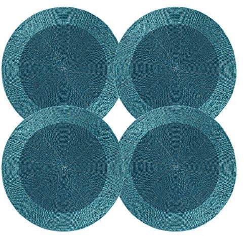 Farmhouse Round Beaded Charger Placemat 4 Pack - Hand Beaded - Teal - 13 Inch (32 CM) Round