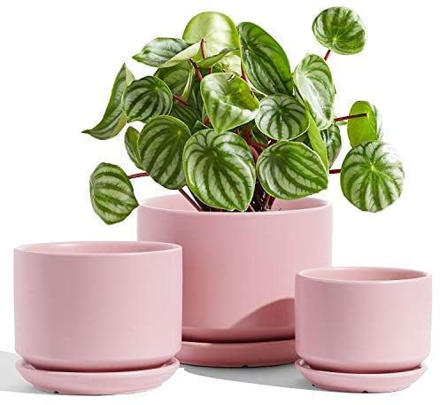 LE TAUCI 3er Pack Keramik Blumentöpfe, 11+13+17 cm Durchmesser Klein Übertöpfe Set, Blumentopf für Zimmerpflanzen mit Untersetzer und Abflussloch, Rosa