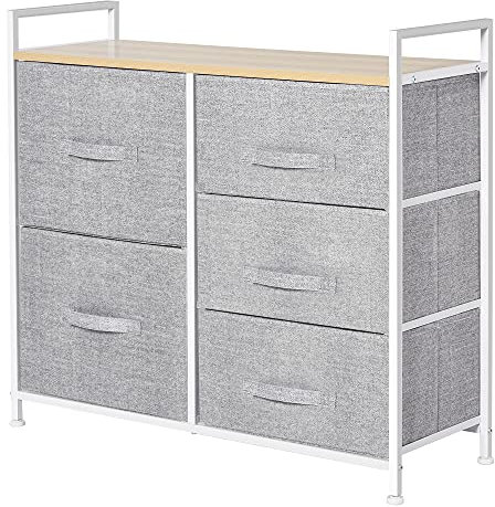 HOMCOM Cassettiera in Metallo Bianco e Legno con 5 Cassetti Pieghevoli e Rimovibili in Tessuto Grigio, 83Lx 29P x 77Acm