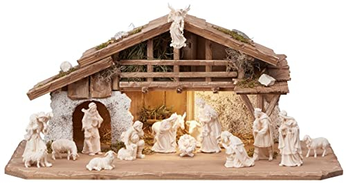 Komplett-Set aus Holz mit Alpina und Licht, bestehend aus 17 Teilen, komplett von Hand aus Gardena-Val – Version Figuren natur (Höhe Josef 16 cm)