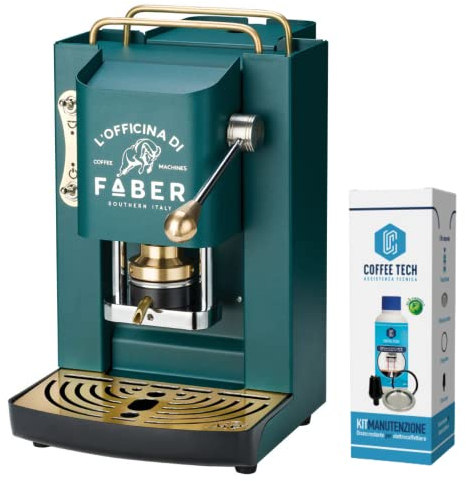 emozioni quotidiane Faber Pro Deluxe Kaffeemaschine mit Messingveredelungen mit Pads aus Ese-Papier 44 mm + Reinigungsset für Entkalker + 20 Kaffeepads gratis (British Green)