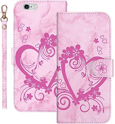 JEFFENE Flip Case for iPhone 6 Plus/iPhone 6S Plus (5.5 inch), Love Heart Floral Pattern Folding Stand Marble PU Leather Wallet Flip Cover with Kickstand,Card Slots,Magnetic Closure-Pink
