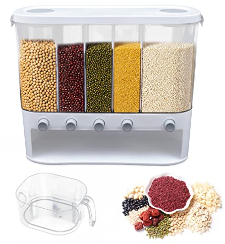 RainWeel Vorratsdosen mit Deckel 5 Fächer Küche Lebensmittel Aufbewahrungsbox Luftdicht Vorratsbehälter mit Messbecher und Klebehaken