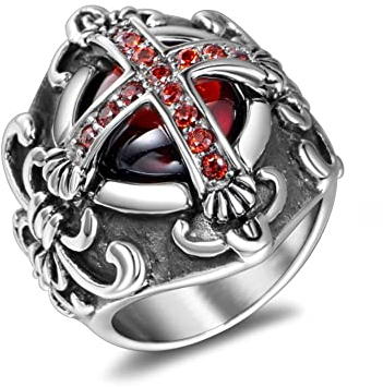 RobertDTesta Rubin-Kreuz-Ring Für Herren, Gotischer Mode-Rubin-Kronen-Edelstahlring,Silber,11