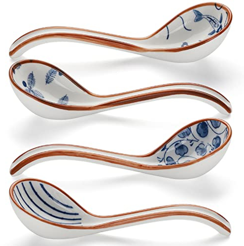 Keramik Suppenlöffel Set von 4 Porzellan Japanischer Suppenlöffel Langer Griff Asiatische Suppenlöffel Sets für Pho Ramen Nudeln Wonton Knödel Reis (Modell 5#)