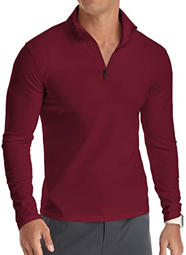 KUYIGO Men's Long Sleeve Polo Shirts Quarter-Zip Casual Slim Fit Mock Neck Basic Designed Cotton Shirts M Wine Red