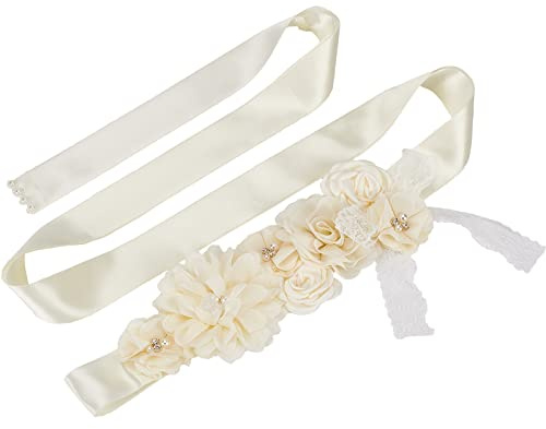 CRASPIRE Ceinture de Mariée Femme Enceinte Perle Fleurs Sash Satin Robe de Soirée Ceinture Blanche Cristaux Strass Dentelle Arc Accessoires de Mariage Ceinture de Demoiselle D'Honneur